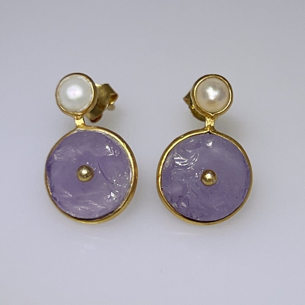New gold plated sterling silver earrings with freshwater pearls, rough Amethysts
